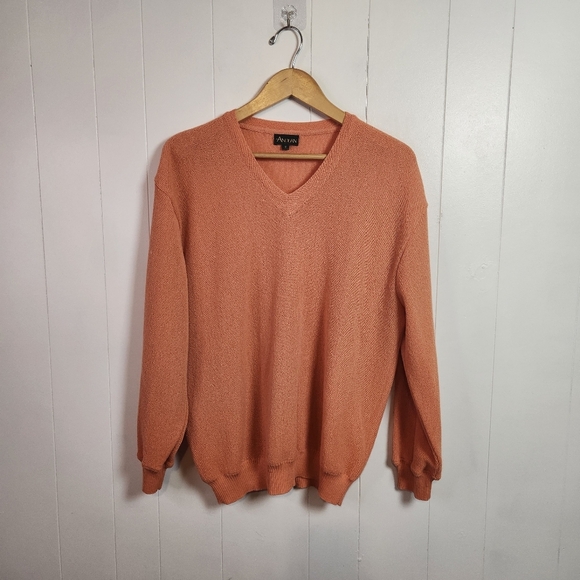 Vintage 90s Orange Knit Lightweight Sweater V-Neck Peru Alpaca Mens Size Medium - Picture 2 of 12